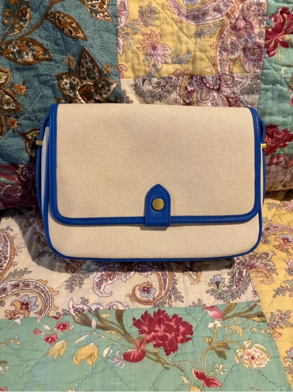 BODEN Canvas Crossbody Bag with Blue Trim - Neutral/Blue